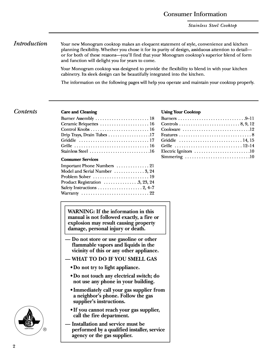 GE 36 owner manual Consumer Information, Introduction, Contents 