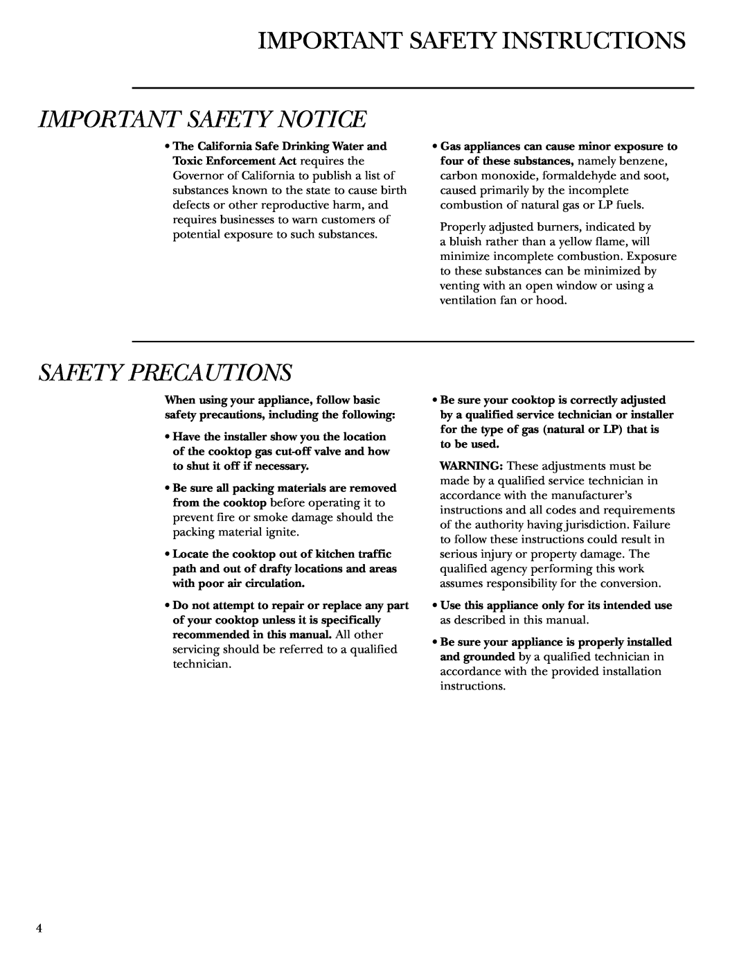 GE 36 owner manual Important Safety Instructions, Important Safety Notice, Safety Precautions 