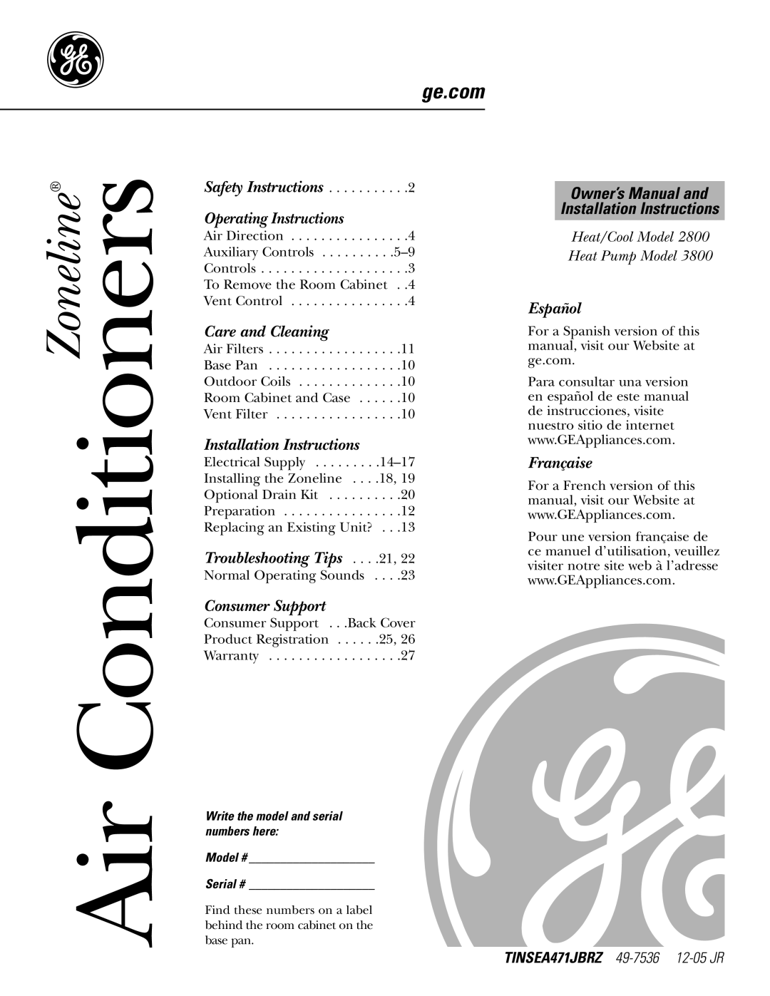 GE 3800 installation instructions Air Conditioners, Write the model and serial numbers here Model # Serial # 