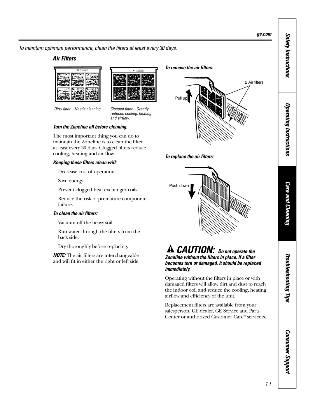 GE 3800 installation instructions Safety Air Filters, Instructions Operating Instructions 