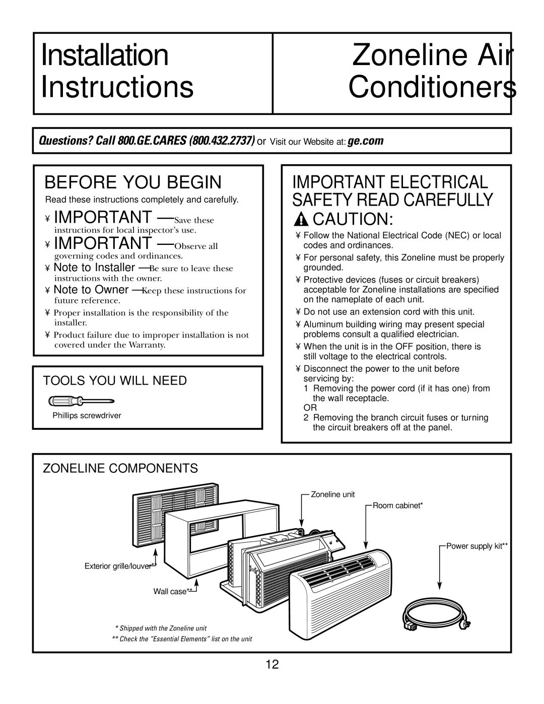 GE 3800 Before YOU Begin, Tools YOU will Need, Zoneline Components, Read these instructions completely and carefully 