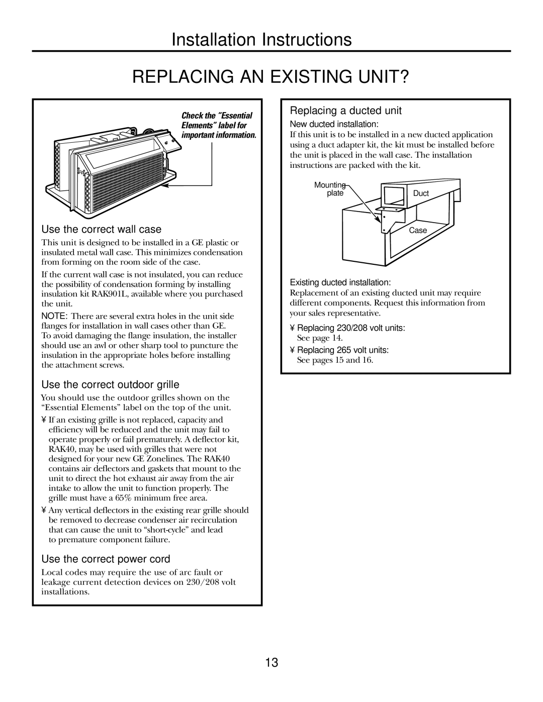 GE 3800 installation instructions Replacing AN Existing UNIT?, New ducted installation, Existing ducted installation 