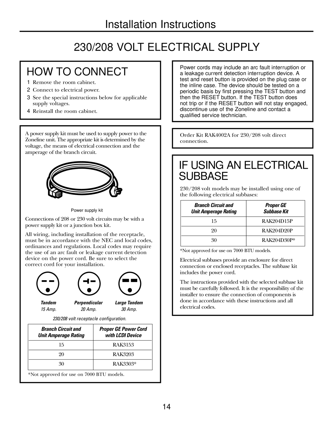 GE 3800 230/208 Volt Electrical Supply HOW to Connect, If Using AN Electrical Subbase, Branch Circuit Proper GE 