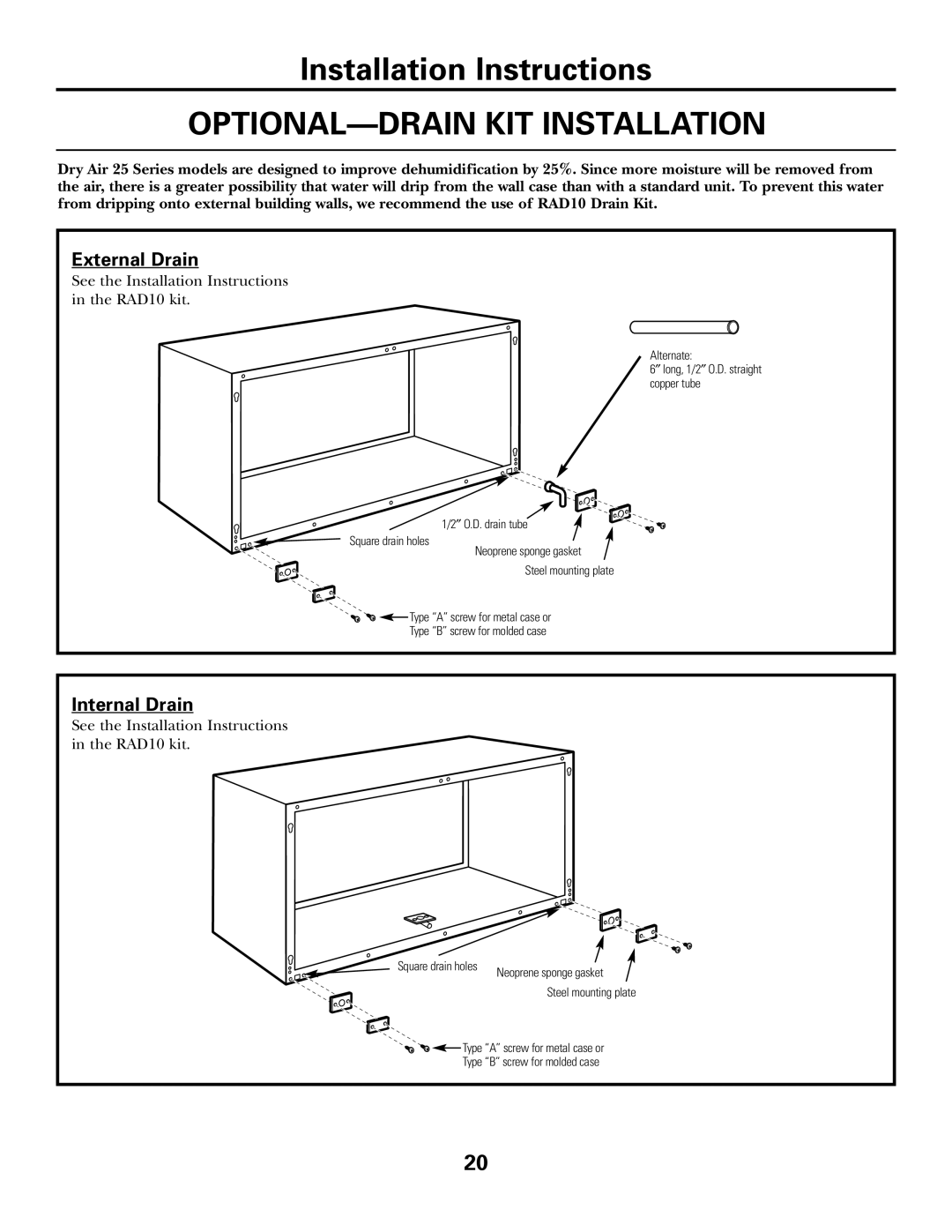 GE 3800 installation instructions OPTIONAL-DRAIN KIT Installation, External Drain 