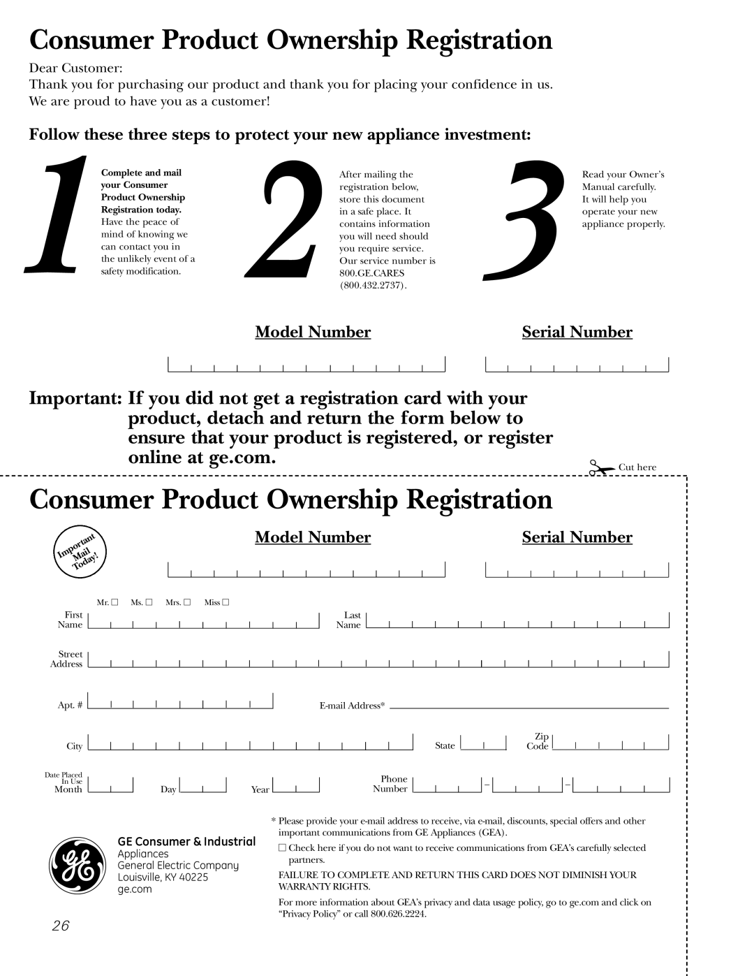 GE 3800 installation instructions Consumer Product Ownership Registration 