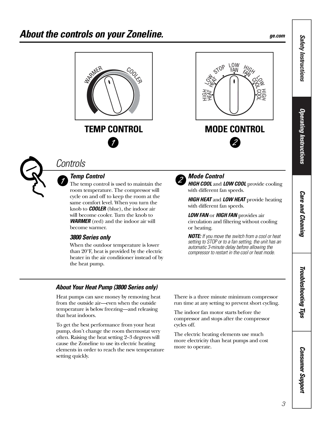 GE 3800 installation instructions About the controls on your Zoneline 