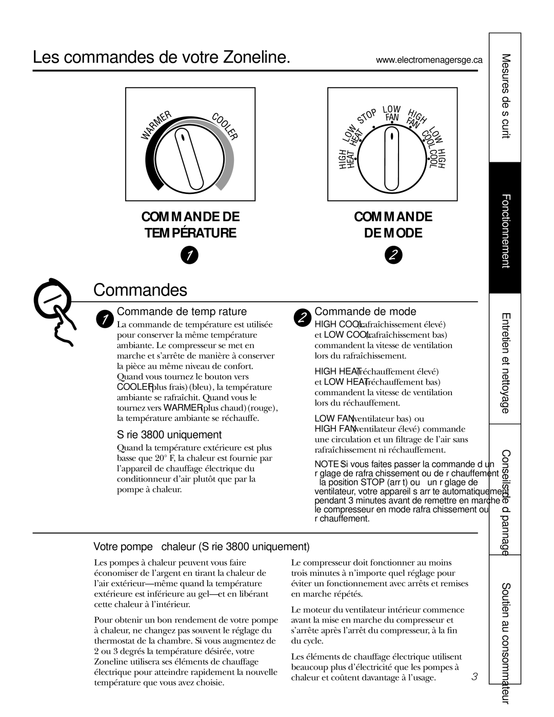 GE 3800 installation instructions Les commandes de votre Zoneline 