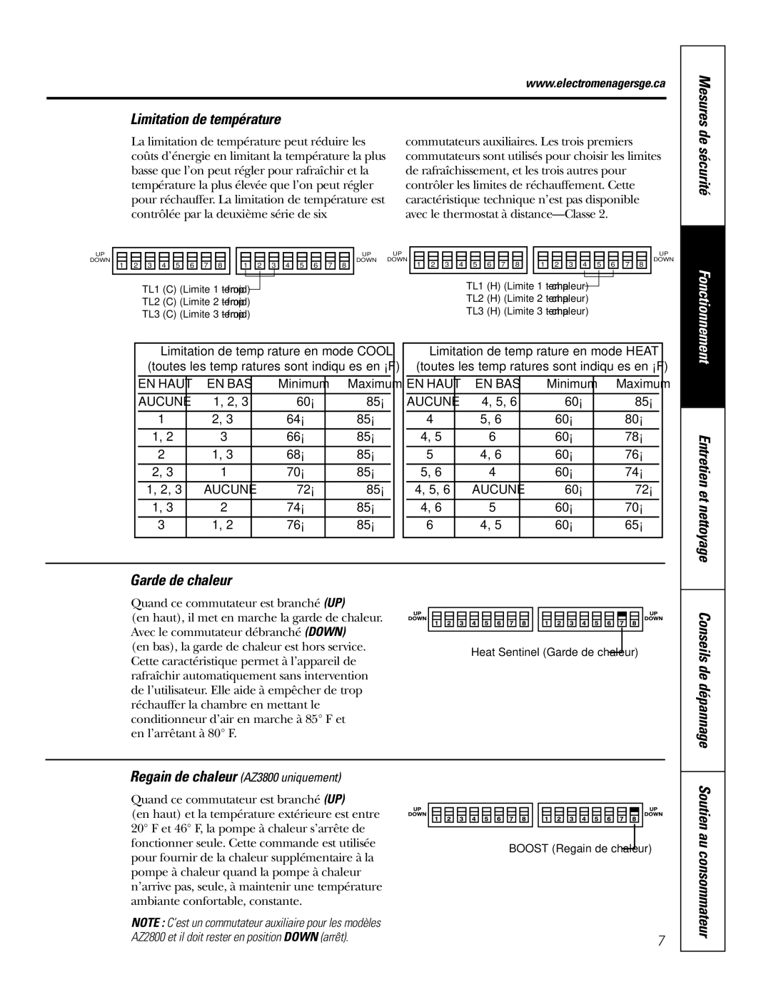 GE 3800 Limitation de température, Garde de chaleur, Conseils de dépannage, Entretien et nettoyage 