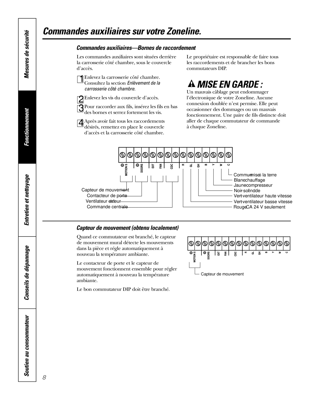 GE 3800 installation instructions Commandes auxiliaires-Bornes de raccordement, Capteur de mouvement obtenu localement 