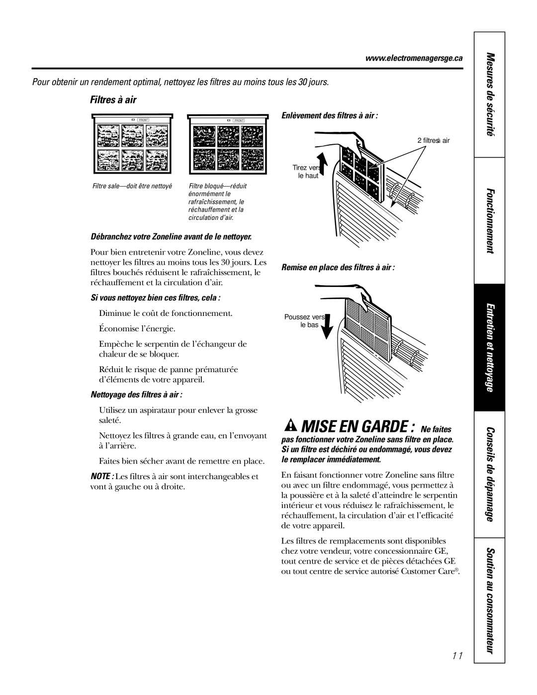 GE 3800 installation instructions Mise EN Garde Ne faites, Filtres à air, Sécurité Fonctionnement 