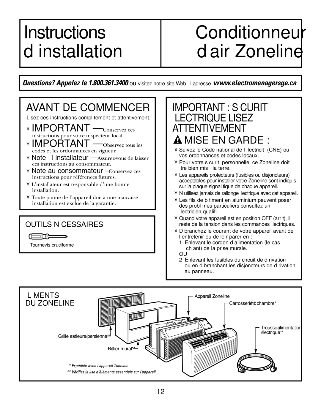 GE 3800 installation instructions Avant DE Commencer, Outils Nécessaires, Éléments, DU Zoneline 