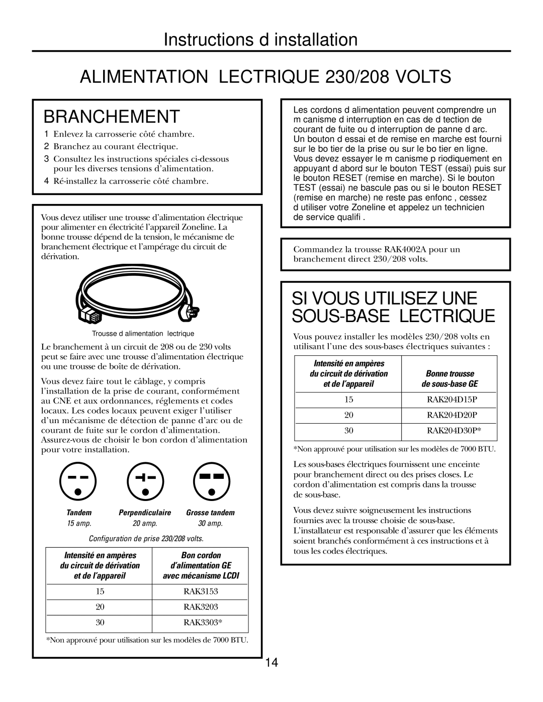 GE 3800 installation instructions Alimentation Électrique 230/208 Volts Branchement, Intensité en ampères 