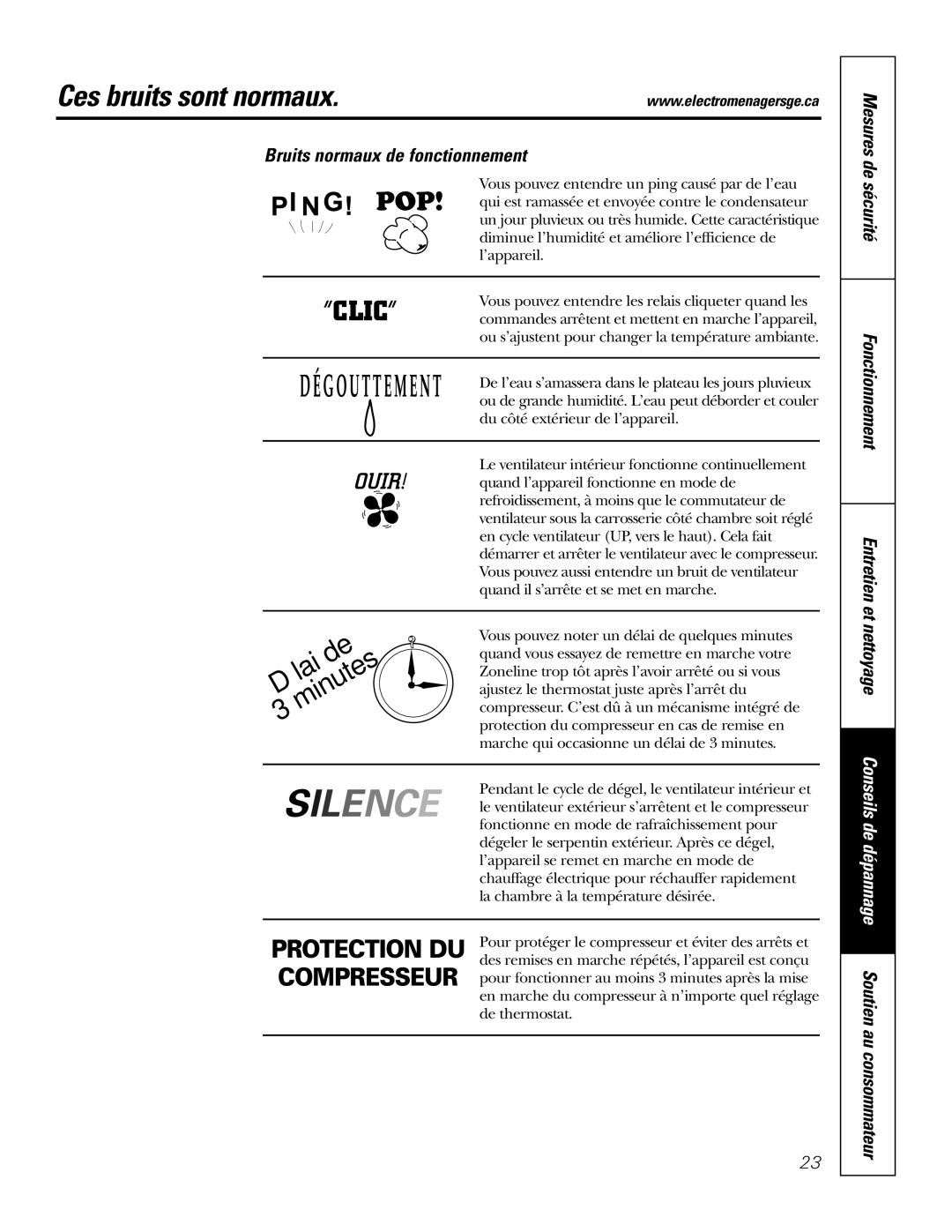 GE 3800 installation instructions Ces bruits sont normaux, Bruits normaux de fonctionnement 