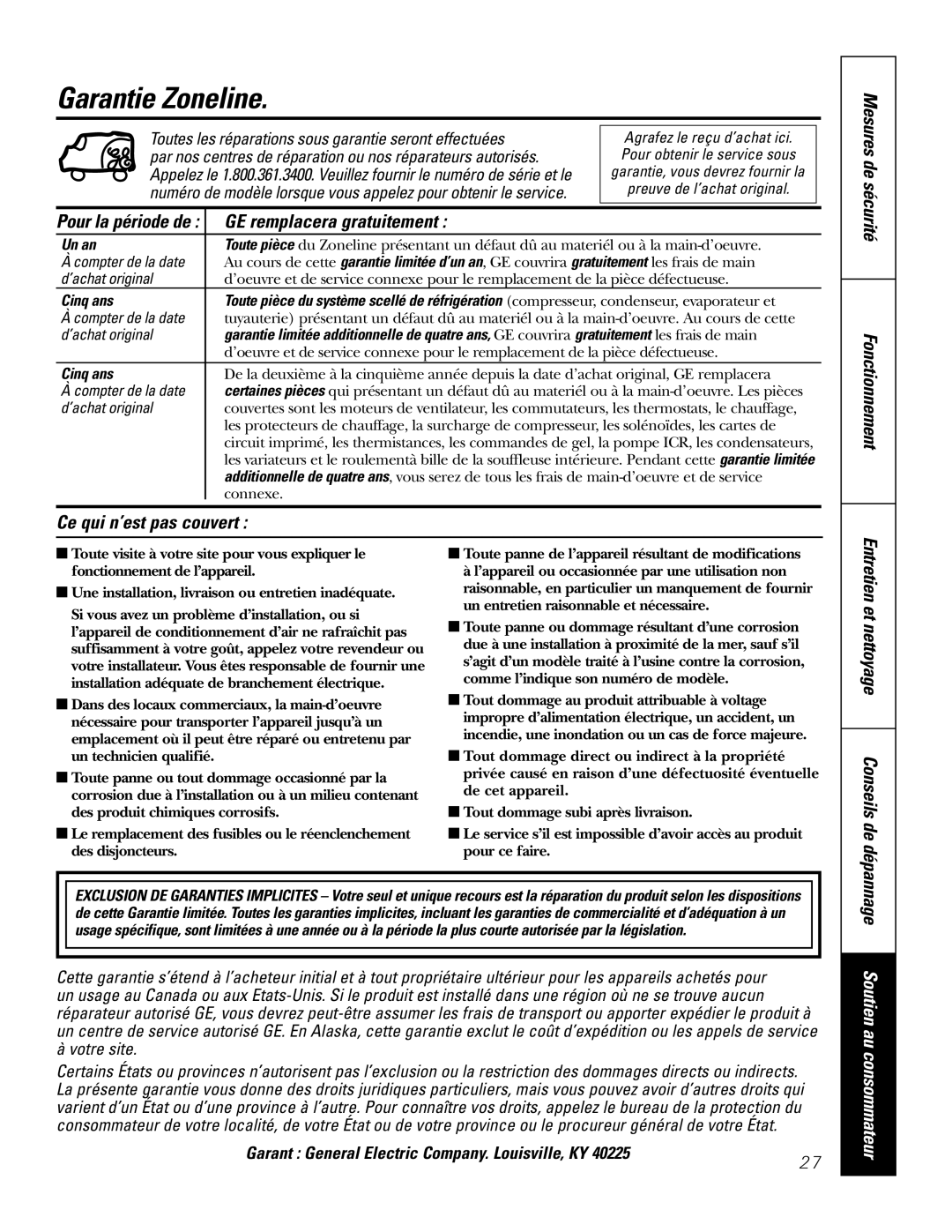 GE 3800 Garantie Zoneline, GE remplacera gratuitement, Ce qui n’est pas couvert Mesures de sécurité Fonctionnement 