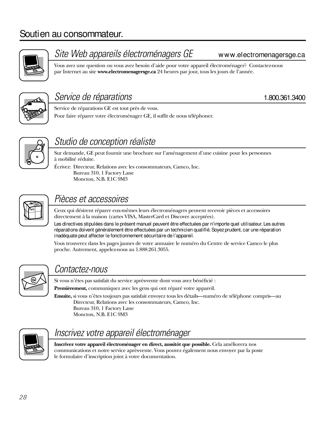 GE 3800 installation instructions Soutien au consommateur, Service de réparations 
