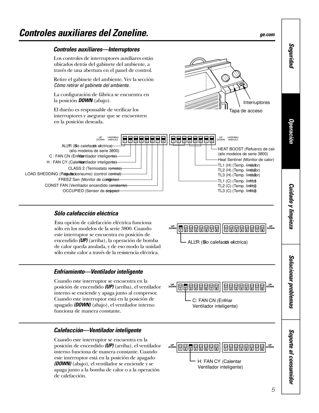 GE 3800 Controles auxiliares del Zoneline, Controles auxiliares-Interruptores, Sólo calefacción eléctrica 