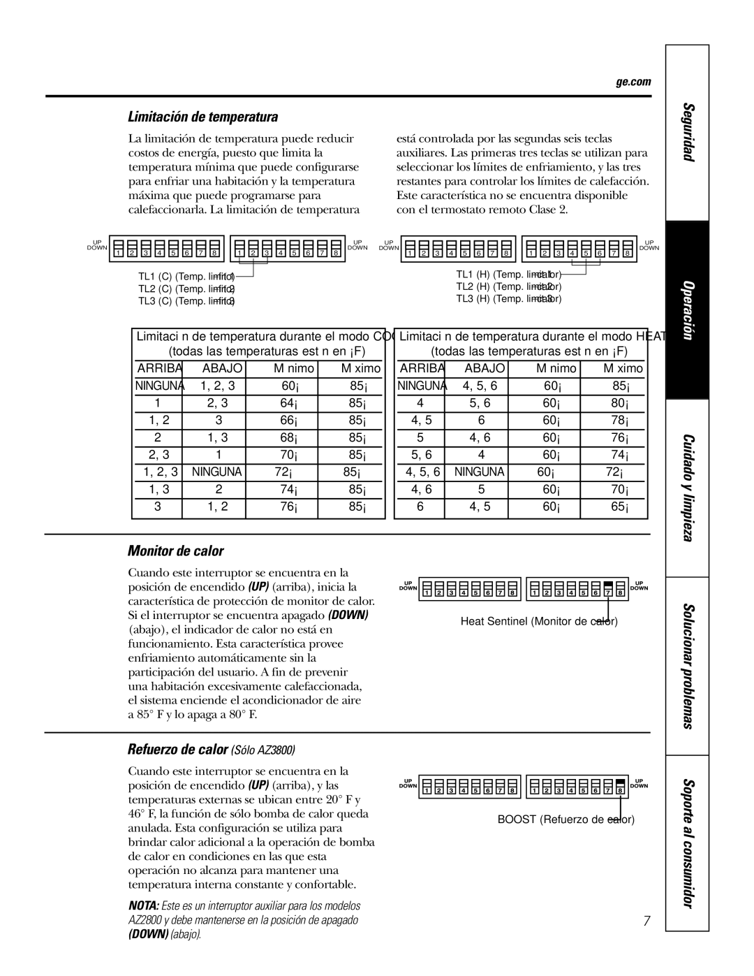 GE Limitación de temperatura, Monitor de calor, Refuerzo de calor Sólo AZ3800, Cuidado y limpieza 