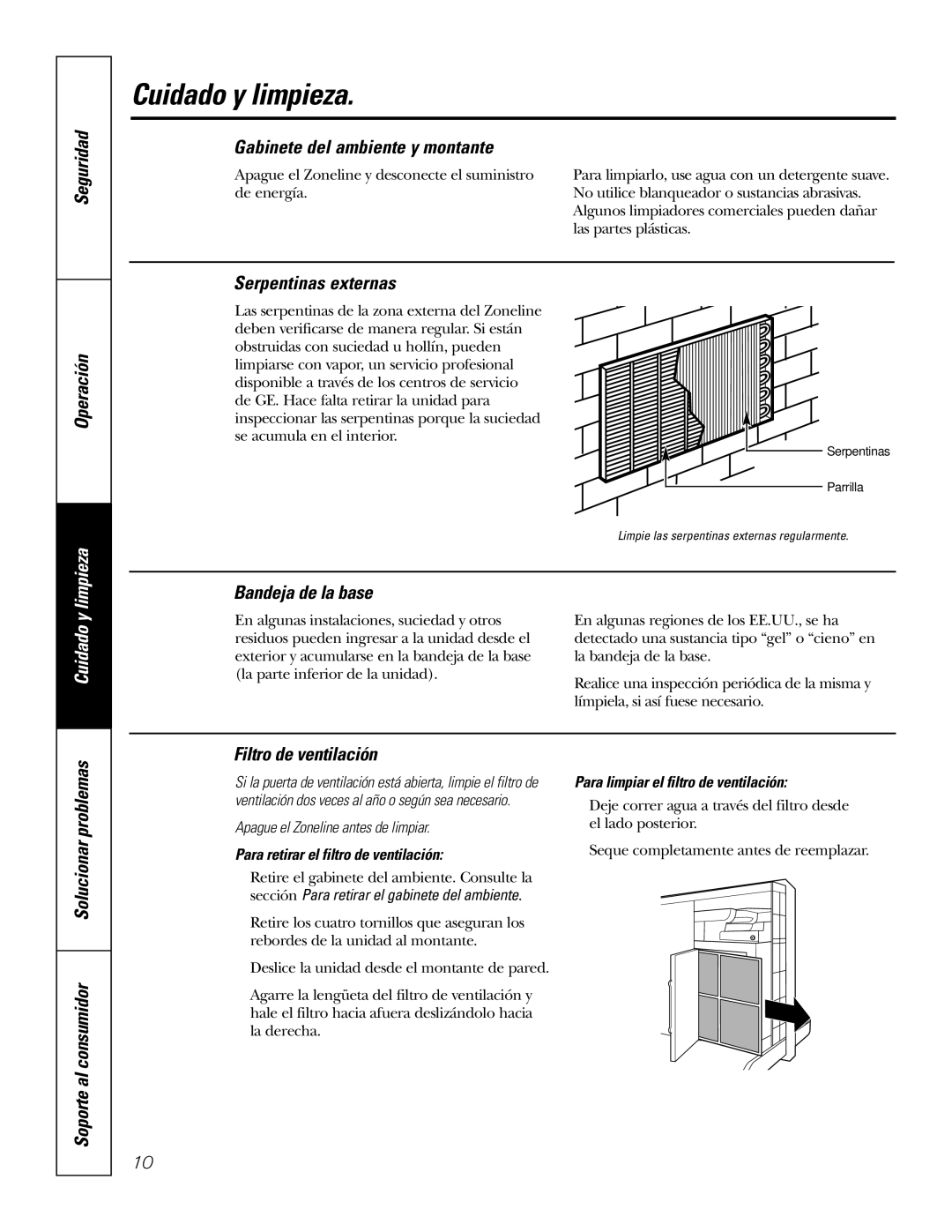 GE 3800 Cuidado y limpieza, Seguridad Operación, Gabinete del ambiente y montante, Serpentinas externas 