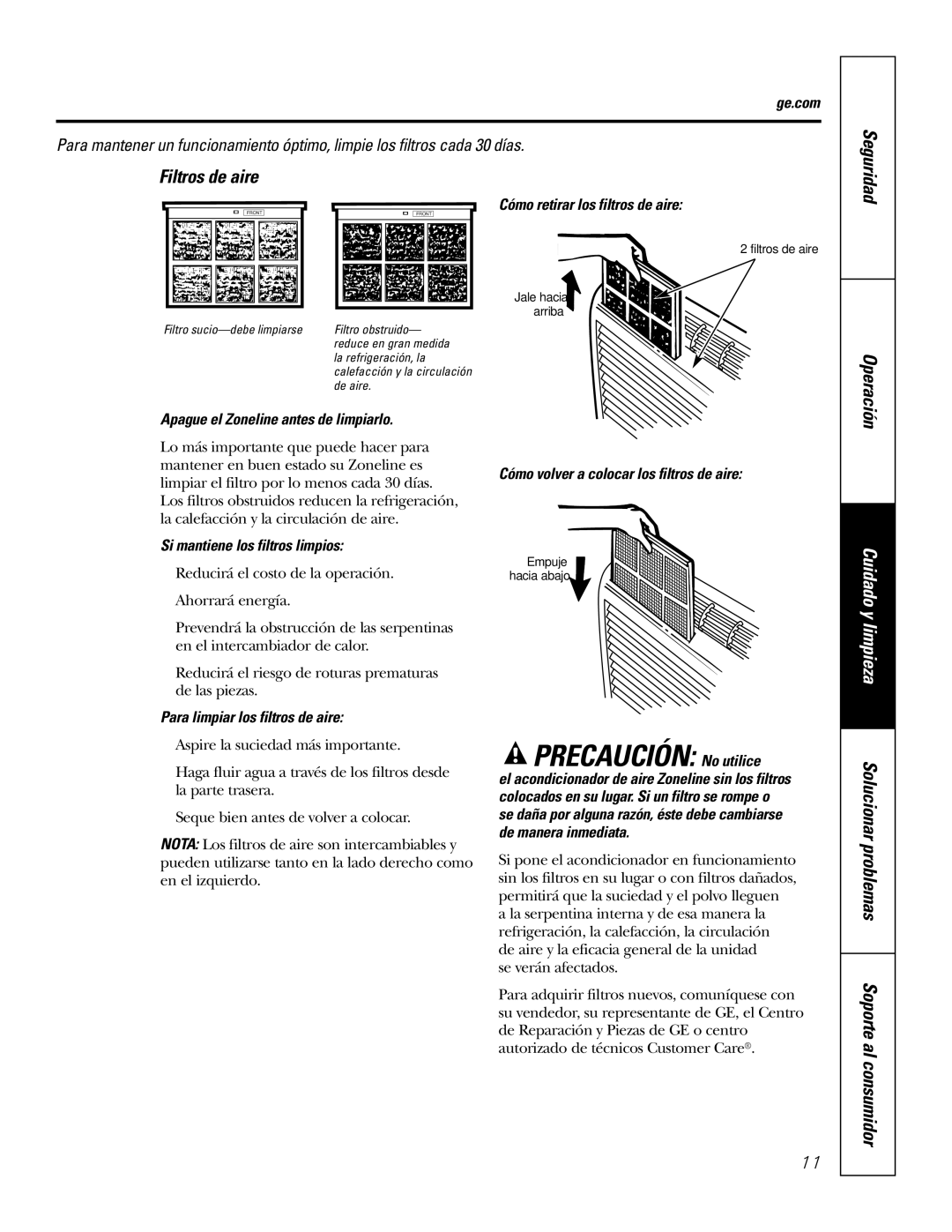 GE 3800 installation instructions Precaución No utilice, Filtros de aire, Solucionar problemas Soporte al consumidor 