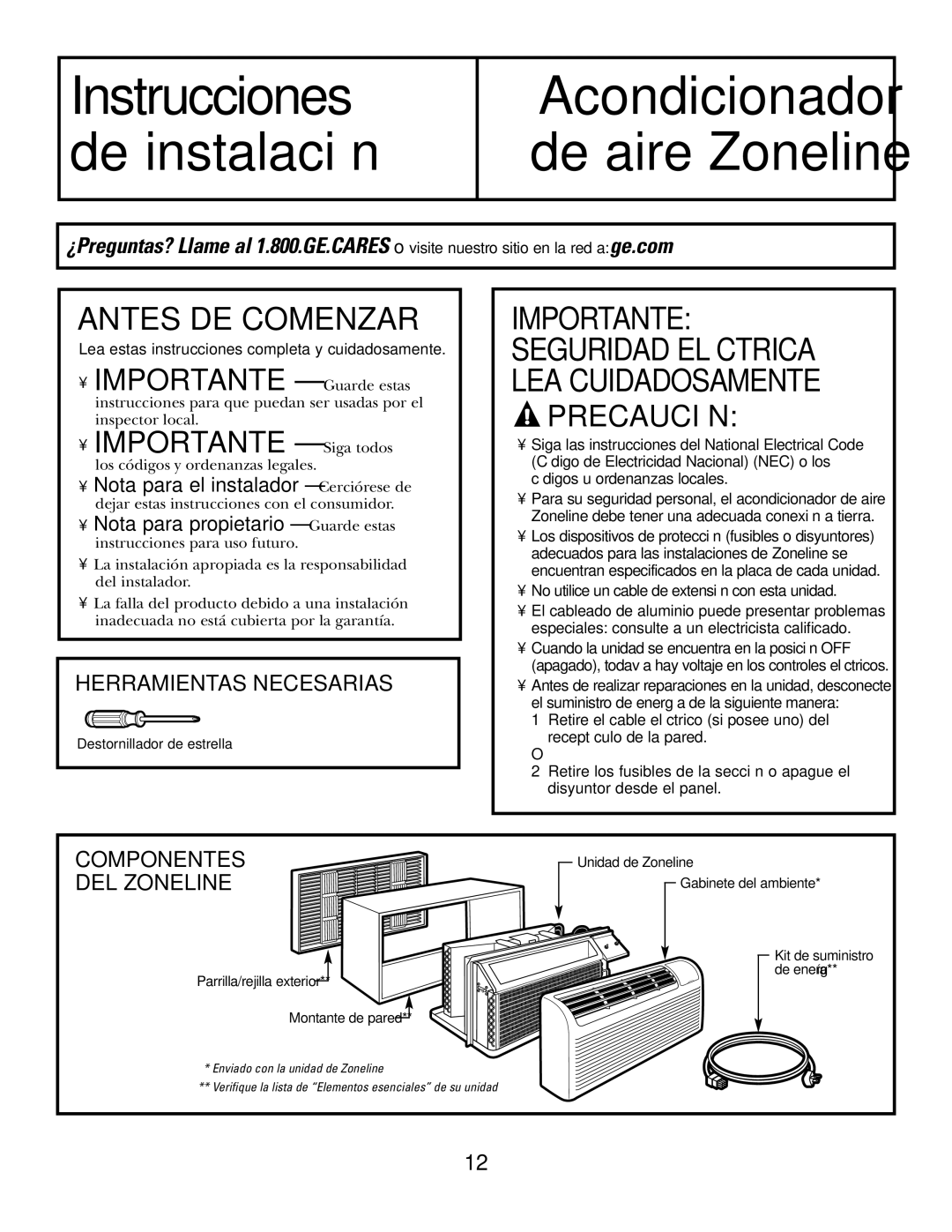 GE 3800 installation instructions Antes DE Comenzar, Herramientas Necesarias, Componentes, DEL Zoneline 