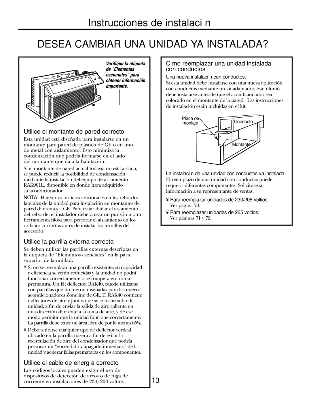 GE 3800 installation instructions ¿DESEA Cambiar UNA Unidad YA INSTALADA?, Una nueva instalación con conductos 