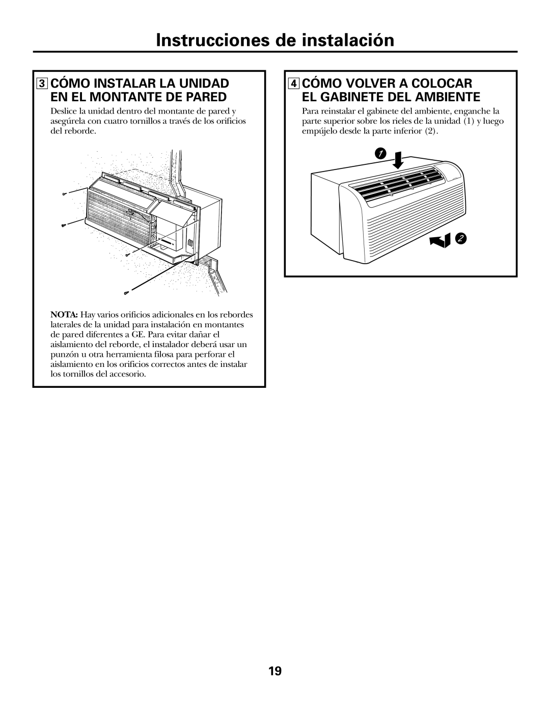 GE 3800 installation instructions Cómo Instalar LA Unidad EN EL Montante DE Pared 