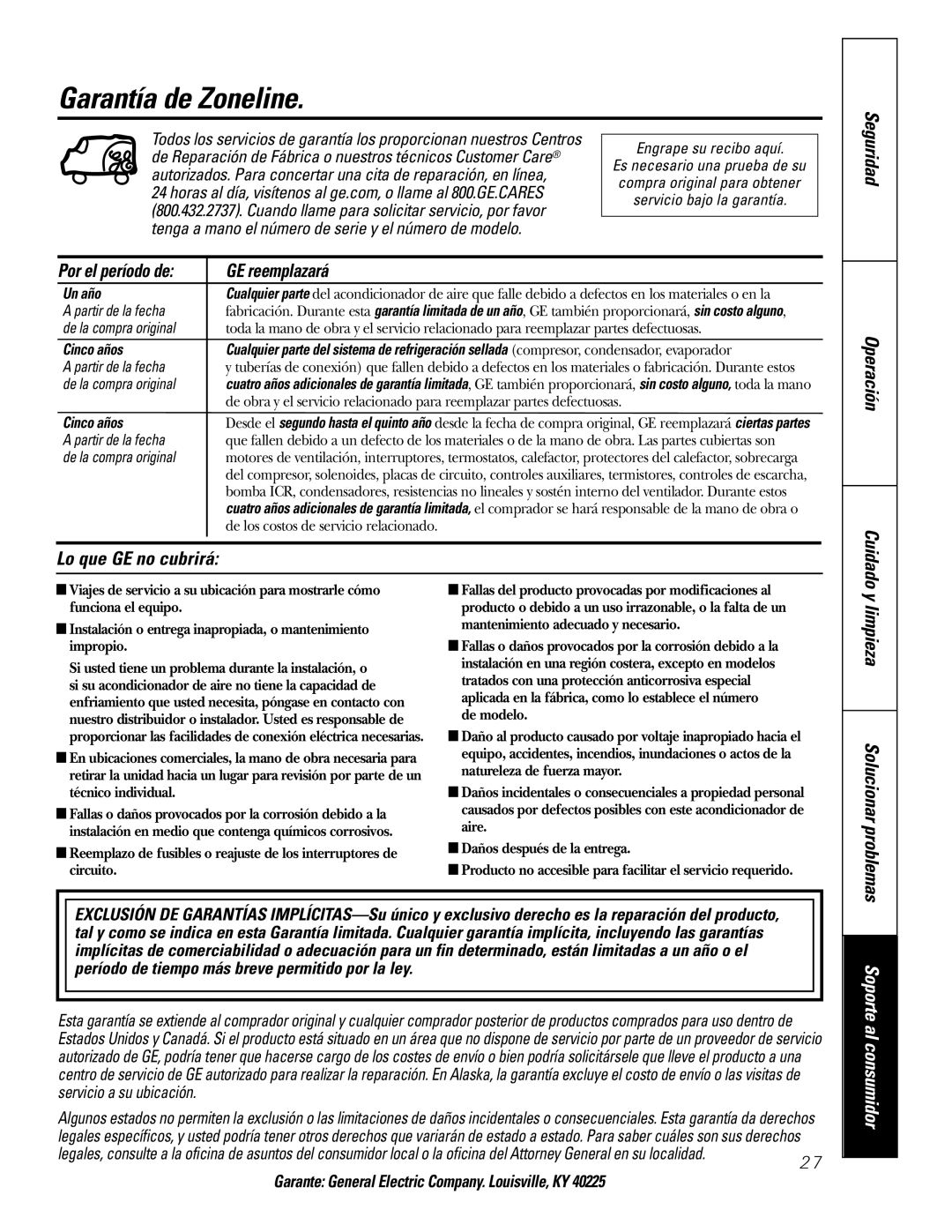 GE 3800 installation instructions Garantía de Zoneline, GE reemplazará, Limpieza, Por el período de 