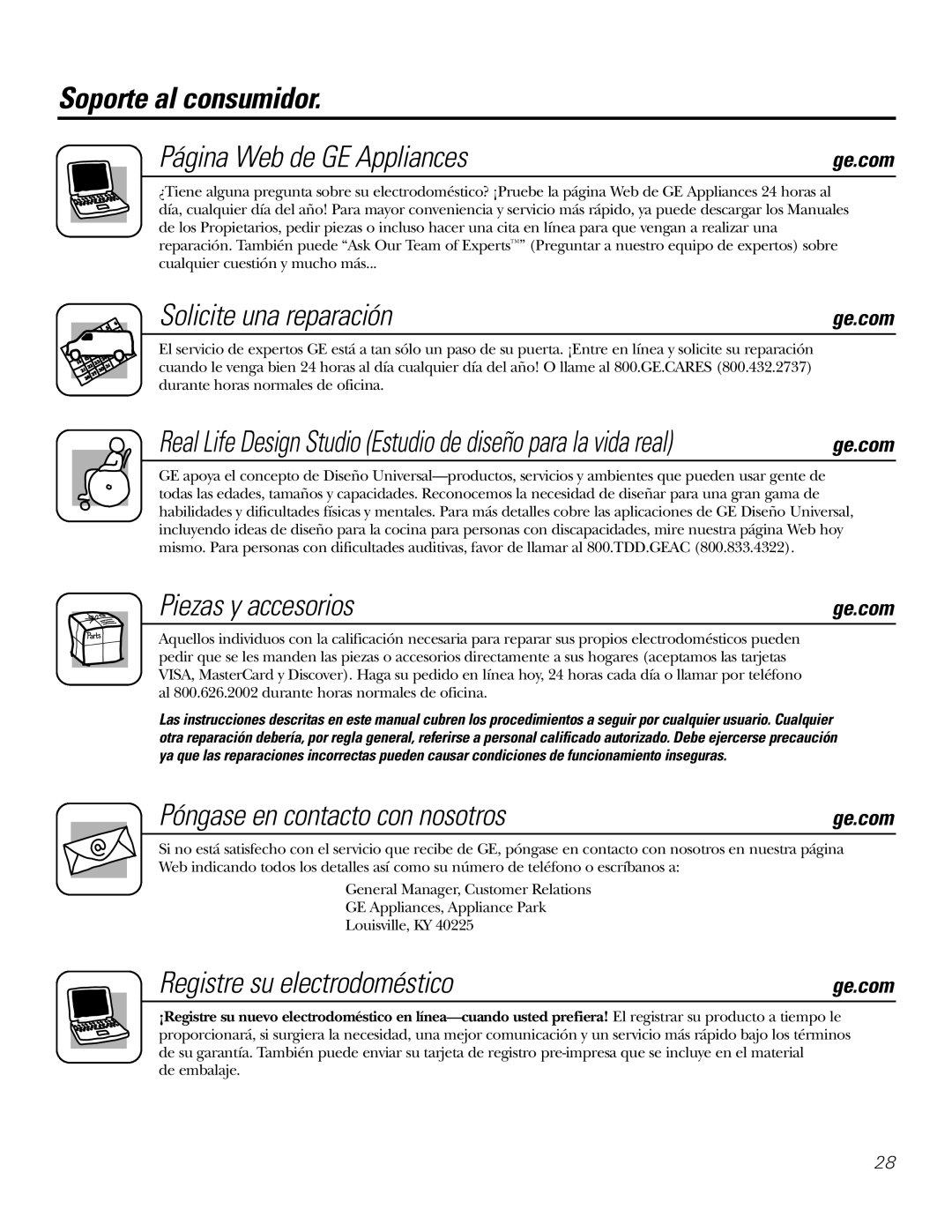 GE 3800 Soporte al consumidor Página Web de GE Appliances, Solicite una reparación, Piezas y accesorios 