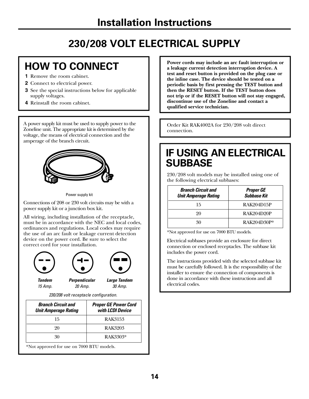 GE 3800 230/208 VOLT ELECTRICAL SUPPLY, How To Connect, If Using An Electrical Subbase, Installation Instructions, RAK3153 