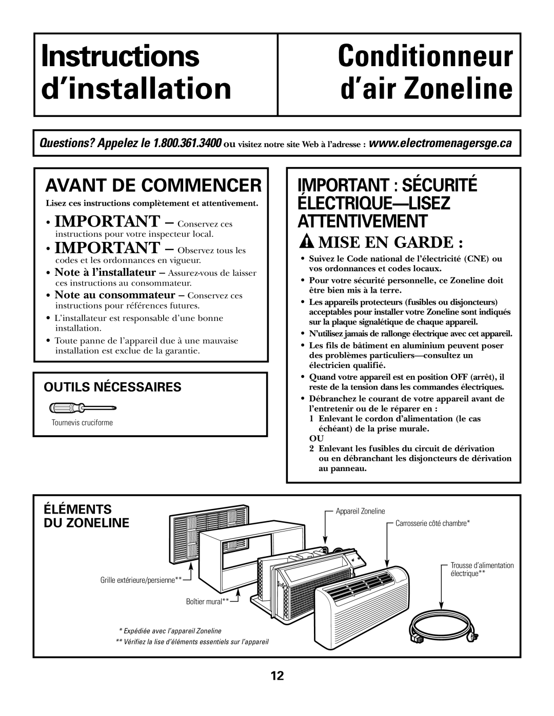 GE 3800 Instructions d’installation, Conditionneur d’air Zoneline, Avant De Commencer, Mise En Garde, Outils Nécessaires 