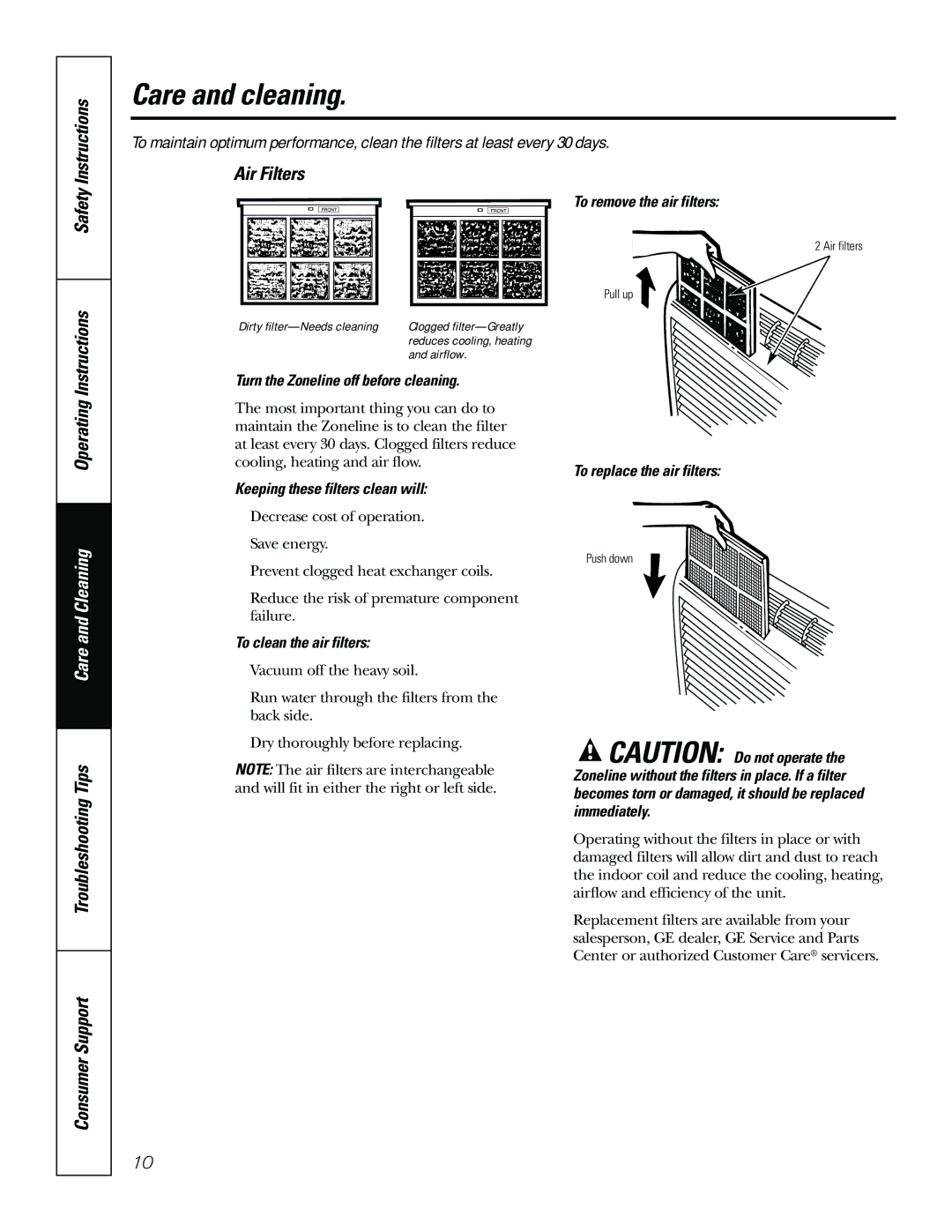 GE 3900, 2900 installation instructions Safety Operating Instructions, Troubleshooting Tips Consumer Support Air Filters 