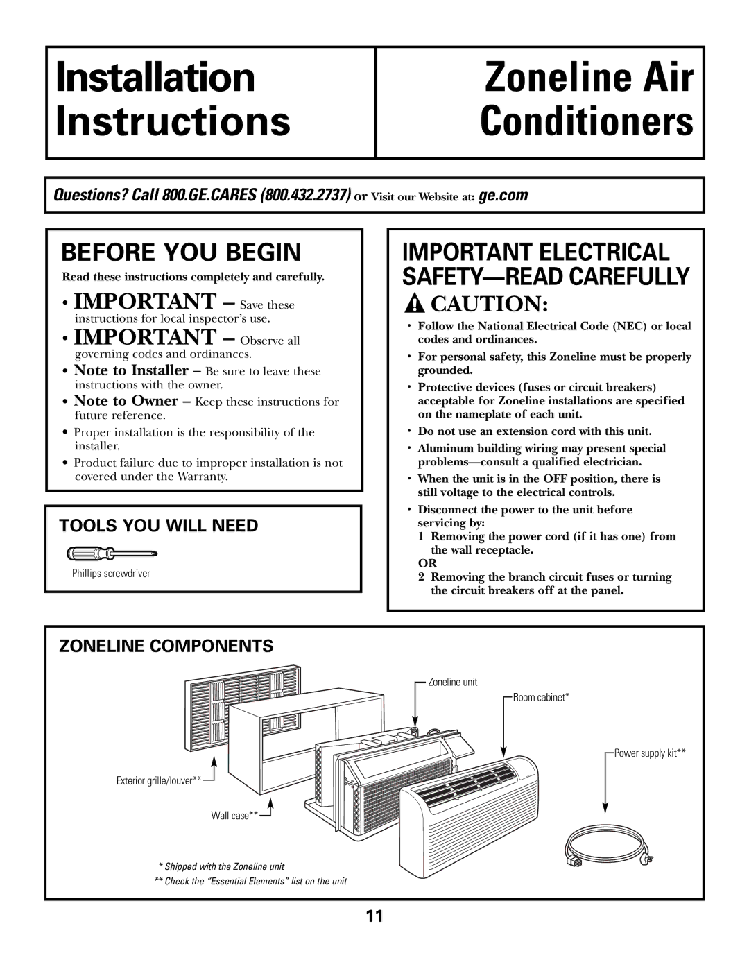 GE 2900, 3900 installation instructions Before YOU Begin, Tools YOU will Need, Zoneline Components 