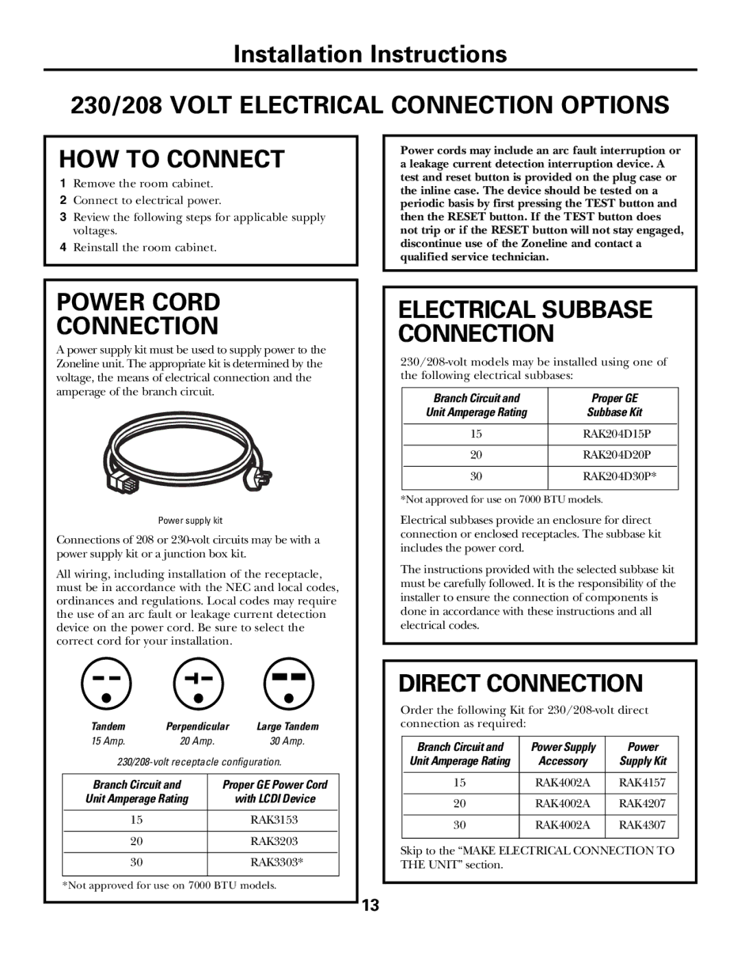 GE 2900, 3900 230/208 Volt Electrical Connection Options HOW to Connect, Power Cord Connection, Direct Connection 