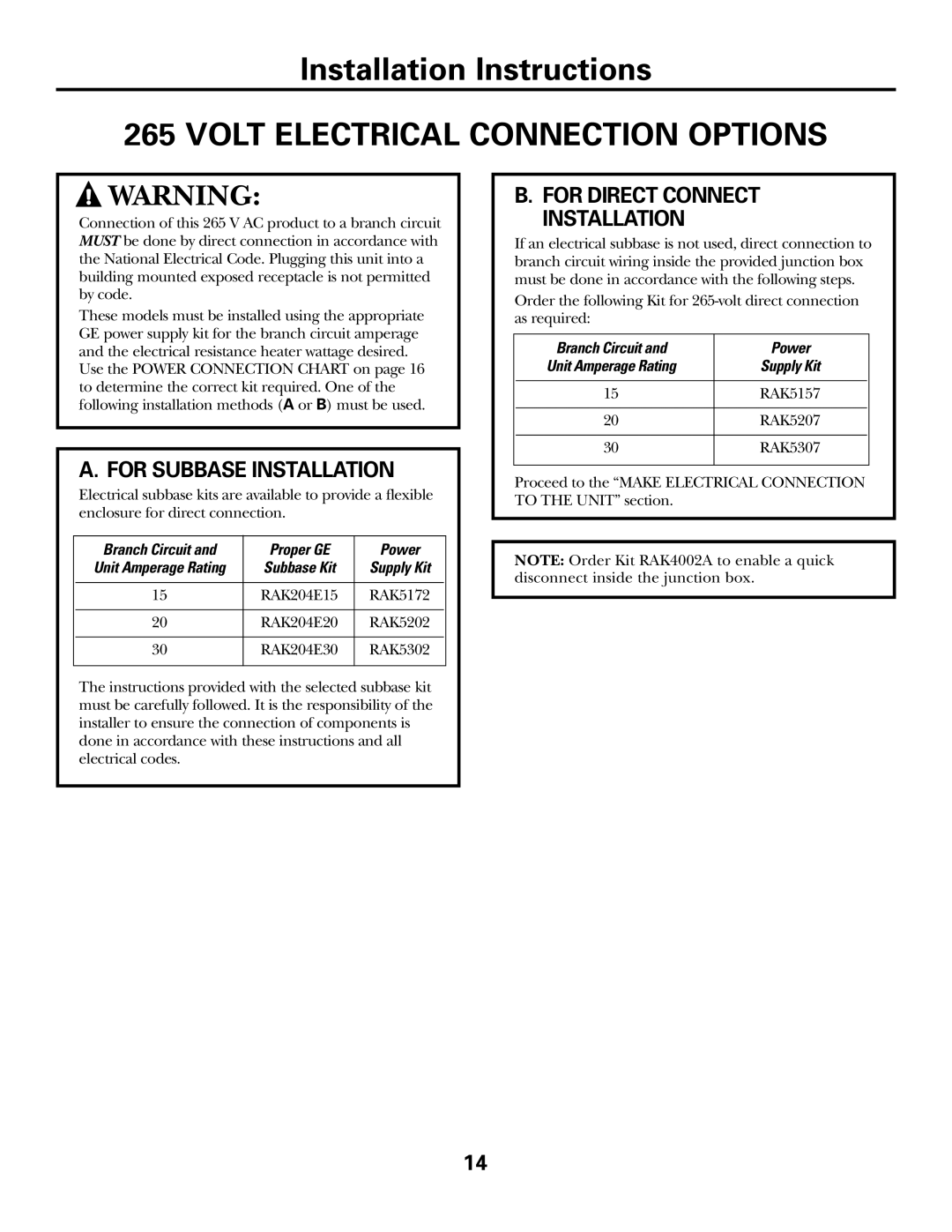 GE 3900, 2900 Volt Electrical Connection Options, For Subbase Installation, For Direct Connect Installation 