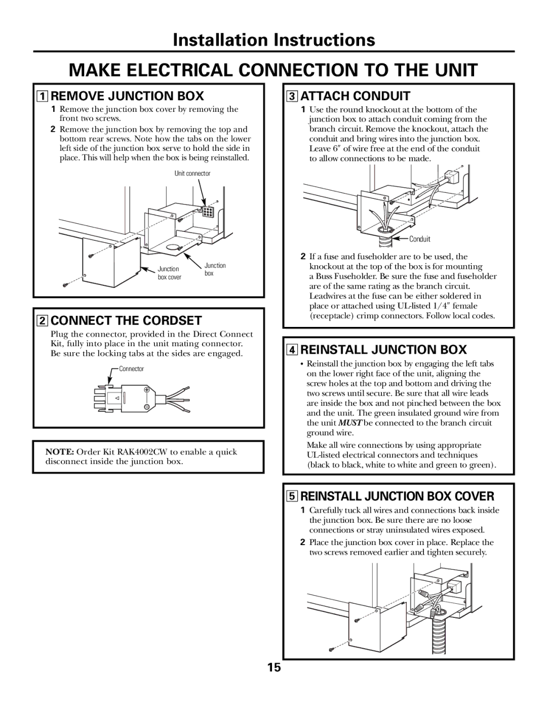 GE 2900, 3900 installation instructions Make Electrical Connection to the Unit 