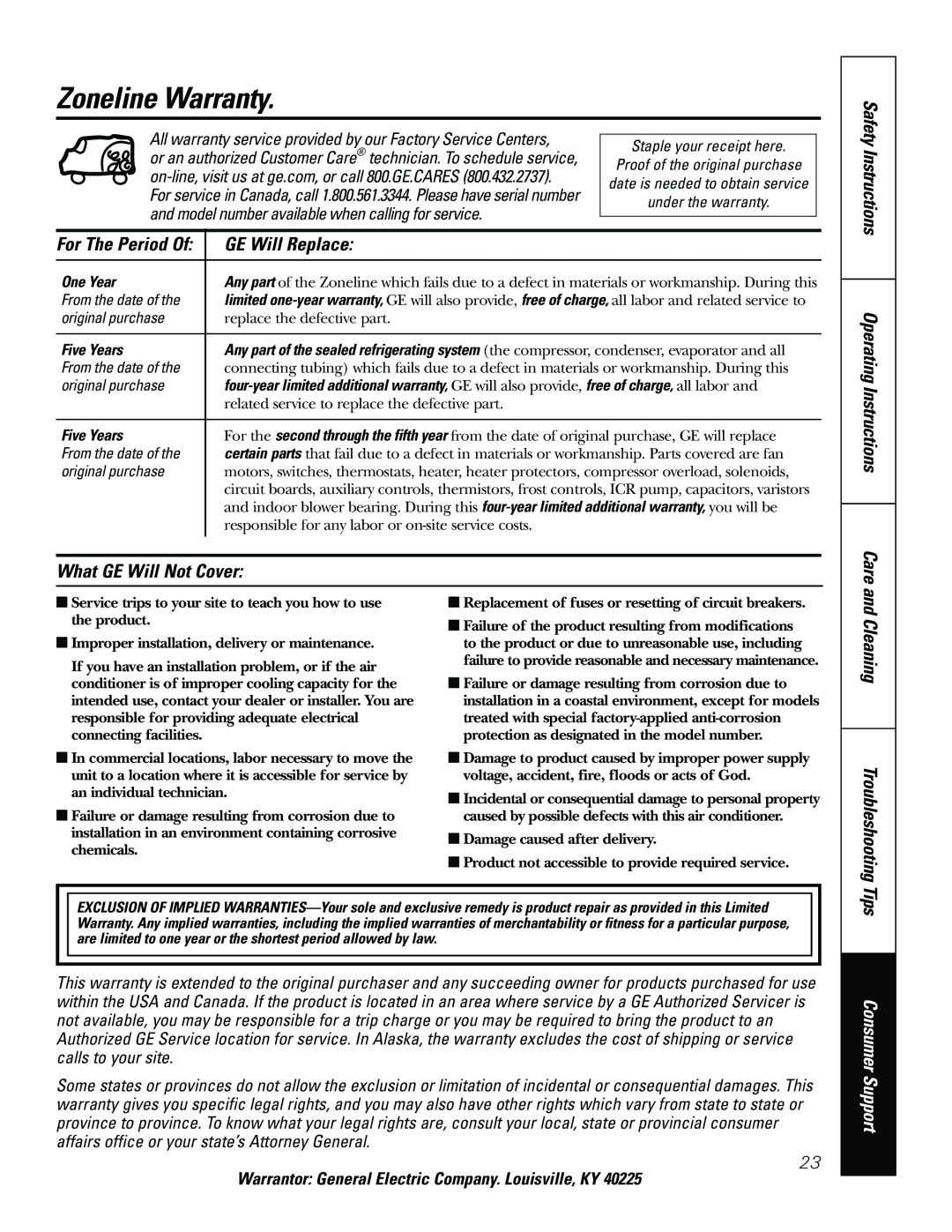 GE 2900, 3900 installation instructions Zoneline Warranty, GE Will Replace, Cleaning, One Year, Five Years 