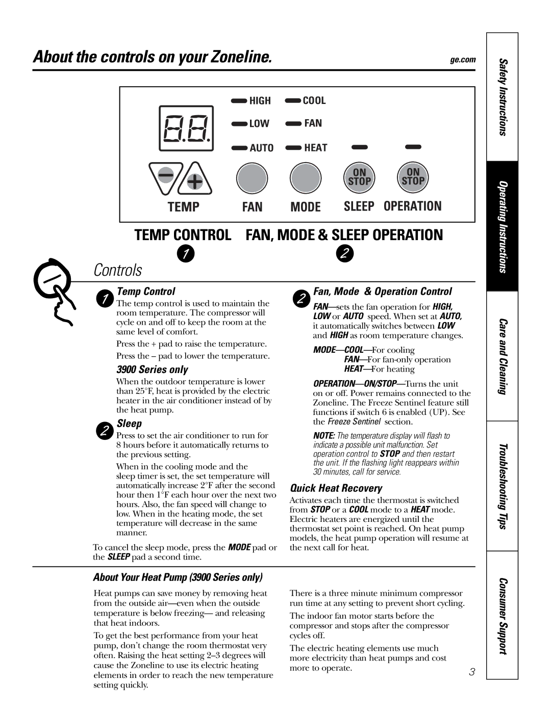 GE 2900, 3900 Safety Instructions, Temp Control, Series only, Sleep, Fan, Mode & Operation Control, Quick Heat Recovery 