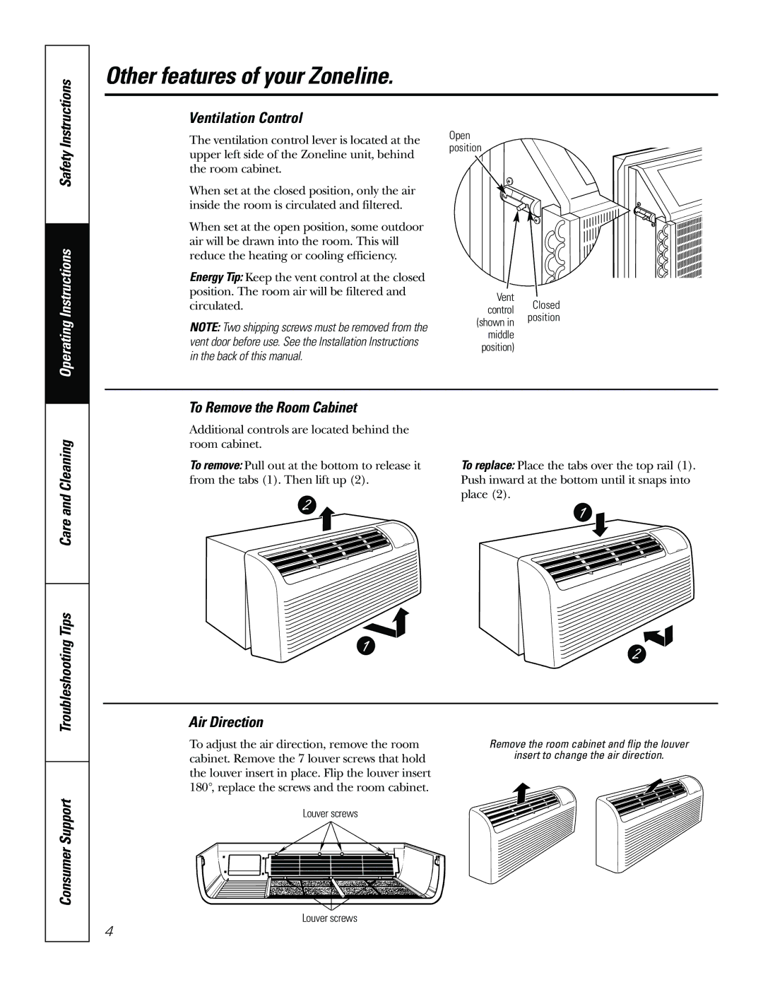 GE 3900, 2900 Other features of your Zoneline, Ventilation Control, Care and Cleaning To Remove the Room Cabinet 