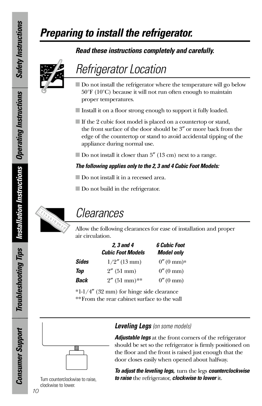 GE 3 Cubic Foot Models owner manual Preparing to install the refrigerator, Read these instructions completely and carefully 