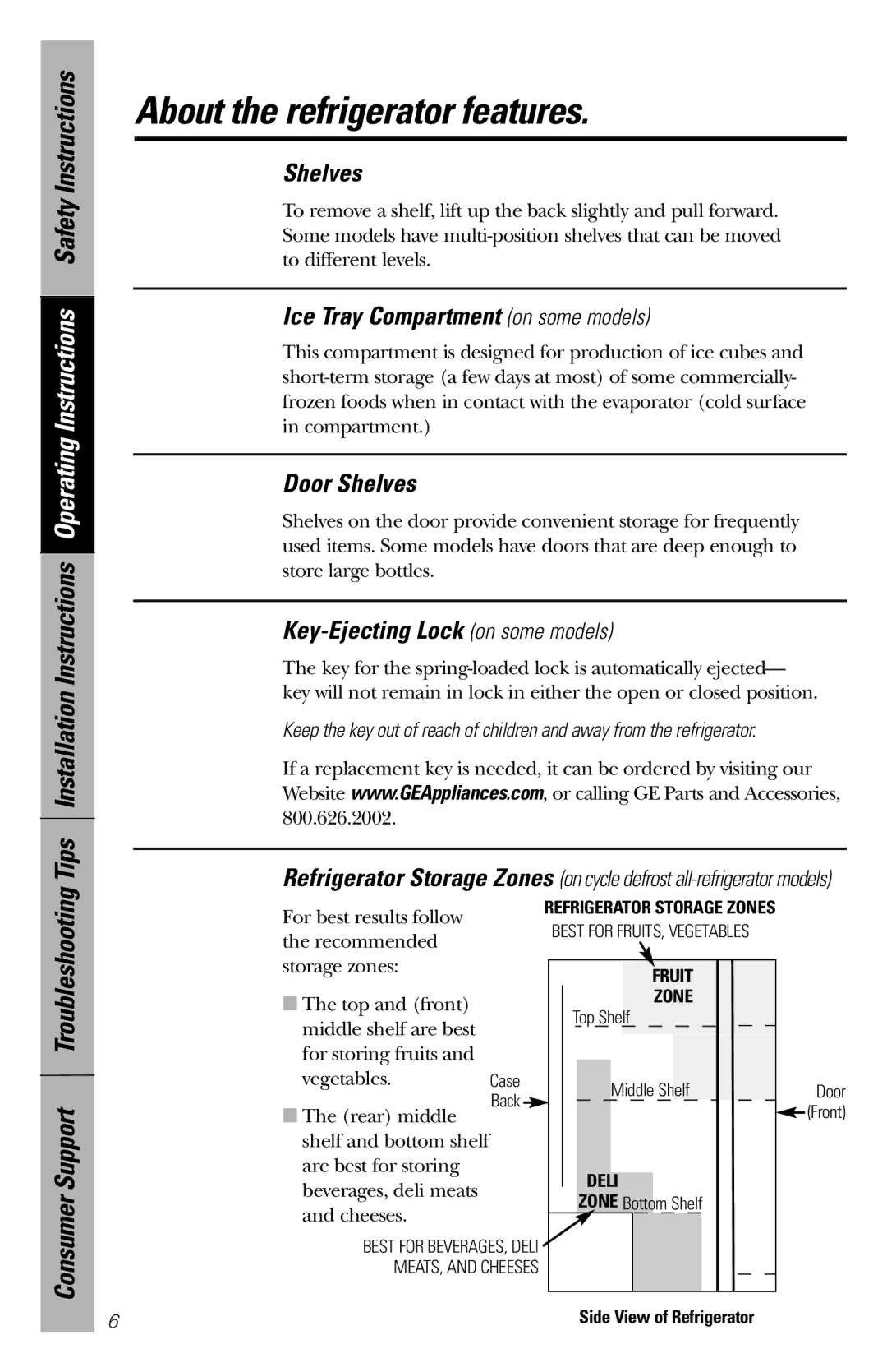 GE 4 Cubic Foot Models owner manual About the refrigerator features, Ice Tray Compartment on some models, Door Shelves 