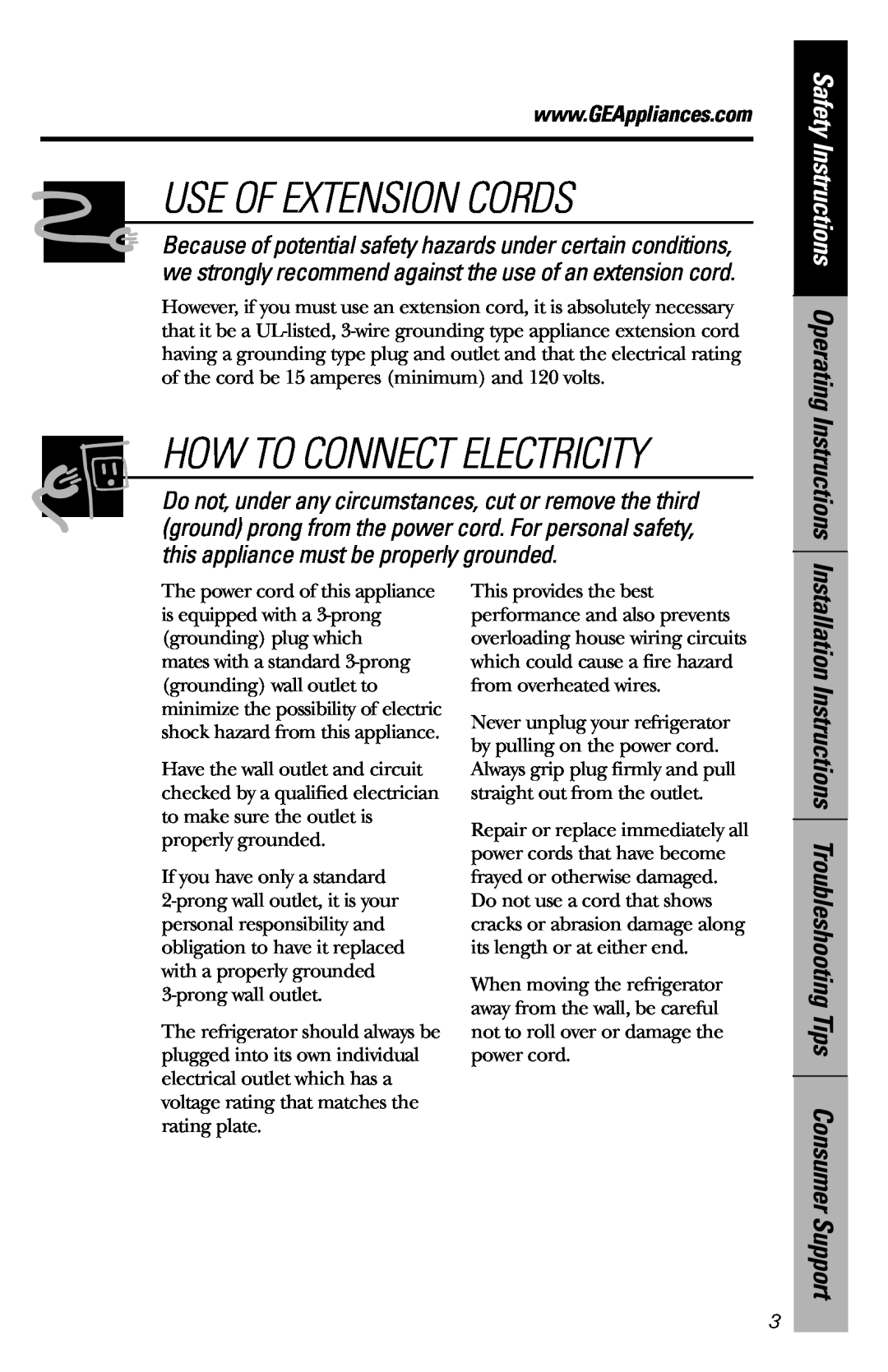 GE 4 Cubic Foot Models Use Of Extension Cords, Safety Instructions Operating Instructions, How To Connect Electricity 
