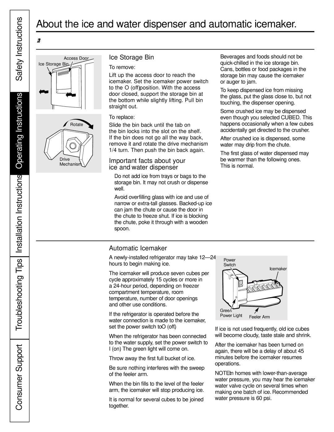 GE 42, 48 owner manual About the ice and water dispenser and automatic icemaker, Ice Storage Bin, Automatic Icemaker 