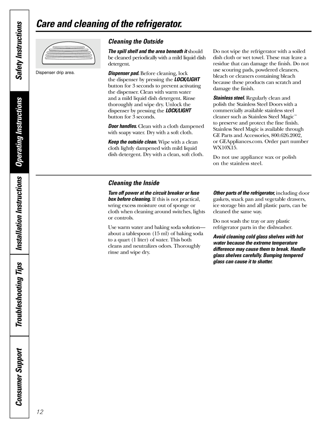 GE 42, 48 owner manual Care and cleaning of the refrigerator, Cleaning the Outside, Cleaning the Inside 