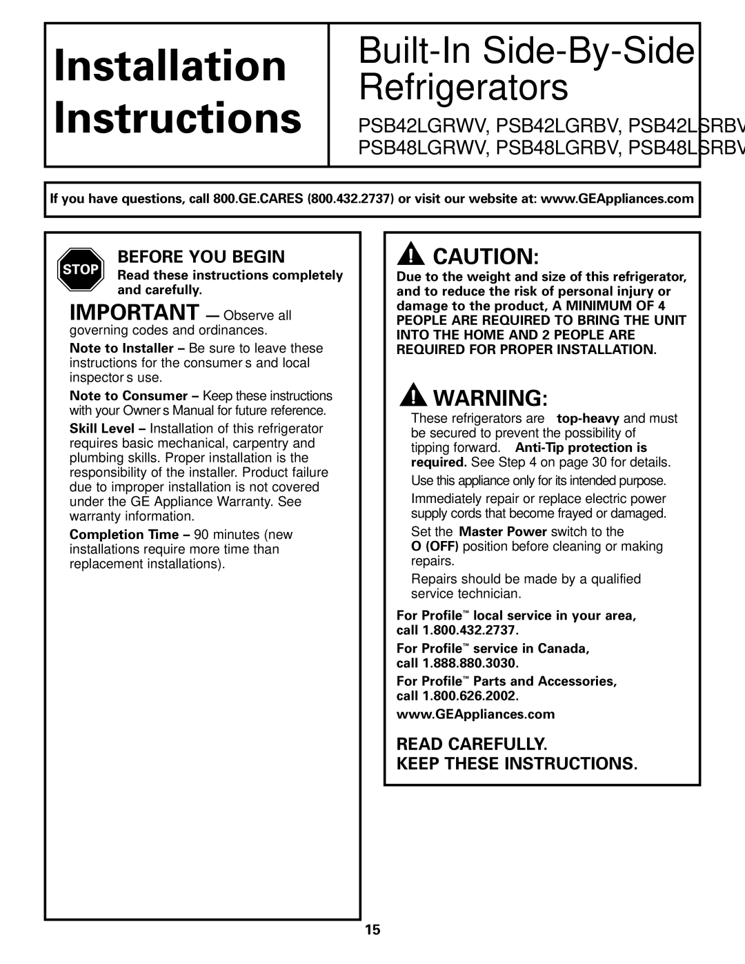 GE 48, 42 Before YOU Begin, Read Carefully Keep These Instructions, Read these instructions completely and carefully 