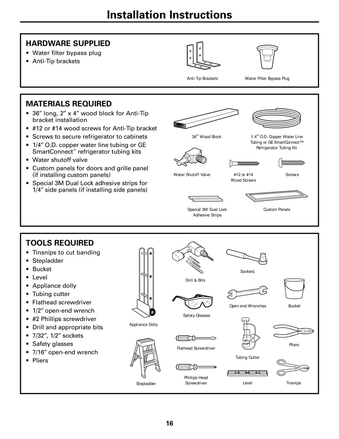 GE 42, 48 owner manual Hardware Supplied, Materials Required, Tools Required 