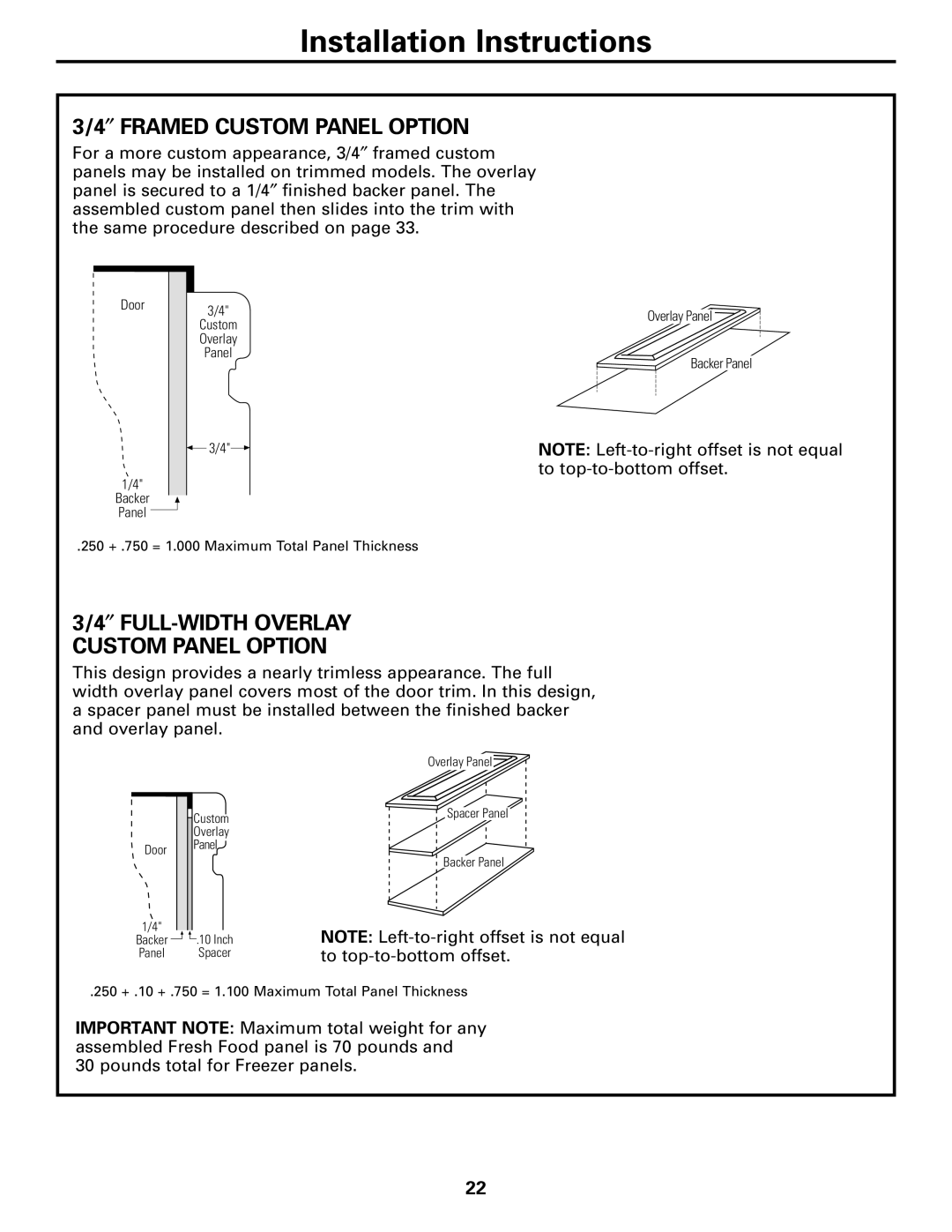 GE 42, 48 owner manual ″ Framed Custom Panel Option, ″ FULL-WIDTH Overlay Custom Panel Option 