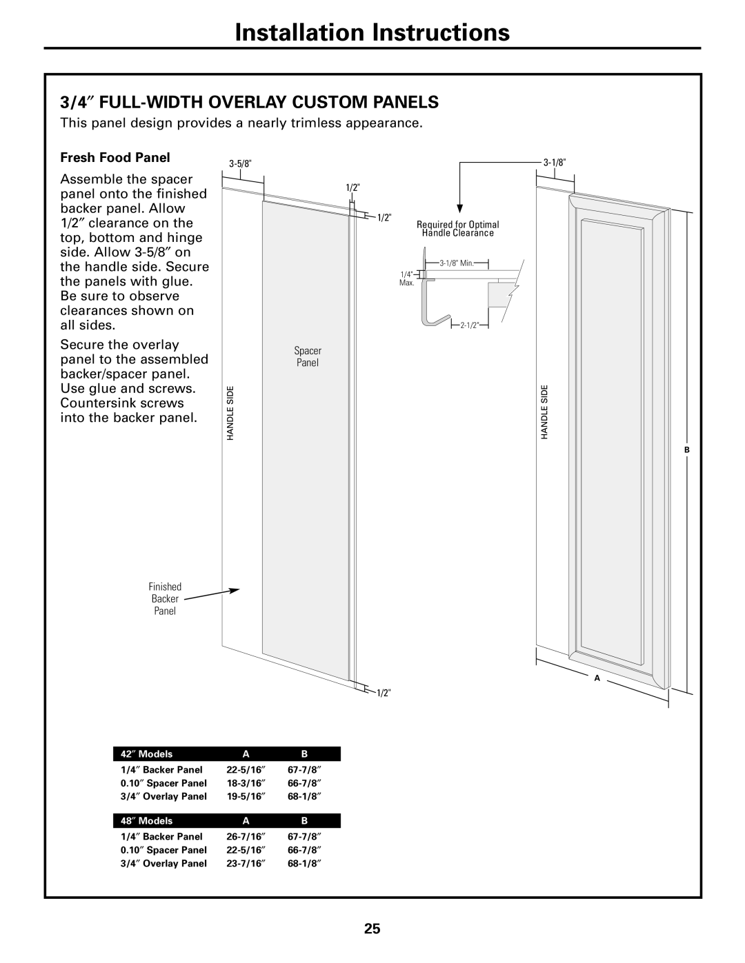 GE 48, 42 owner manual ″ FULL-WIDTH Overlay Custom Panels, Finished Backer Panel 