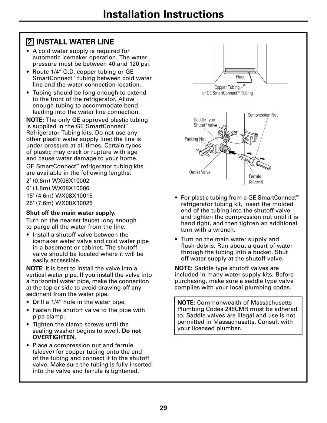 GE 48, 42 owner manual Install Water Line, Shut off the main water supply 