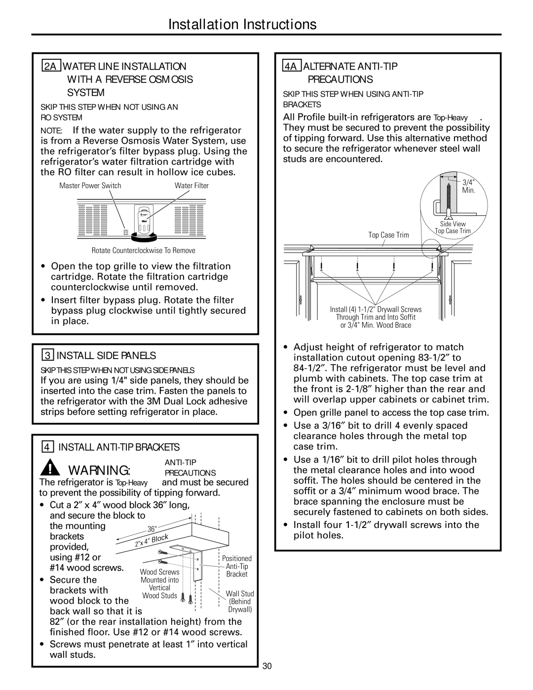 GE 42, 48 2A Water Line Installation with a Reverse Osmosis System, Install Side Panels, Install ANTI-TIP Brackets 