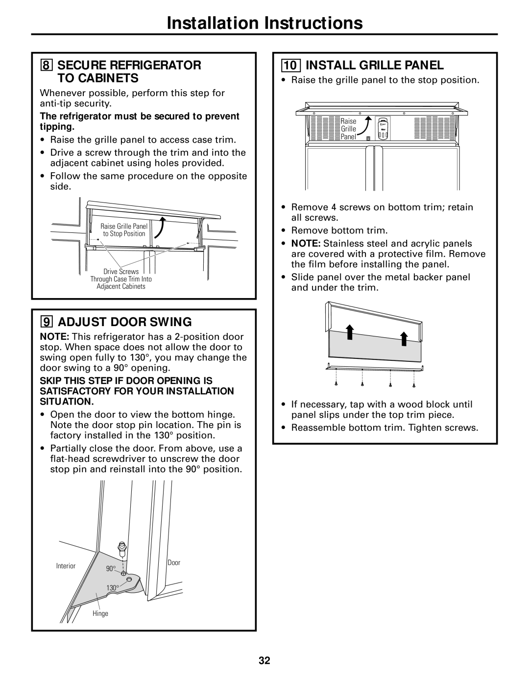 GE 42, 48 owner manual Adjust Door Swing, Install Grille Panel, Refrigerator must be secured to prevent tipping 